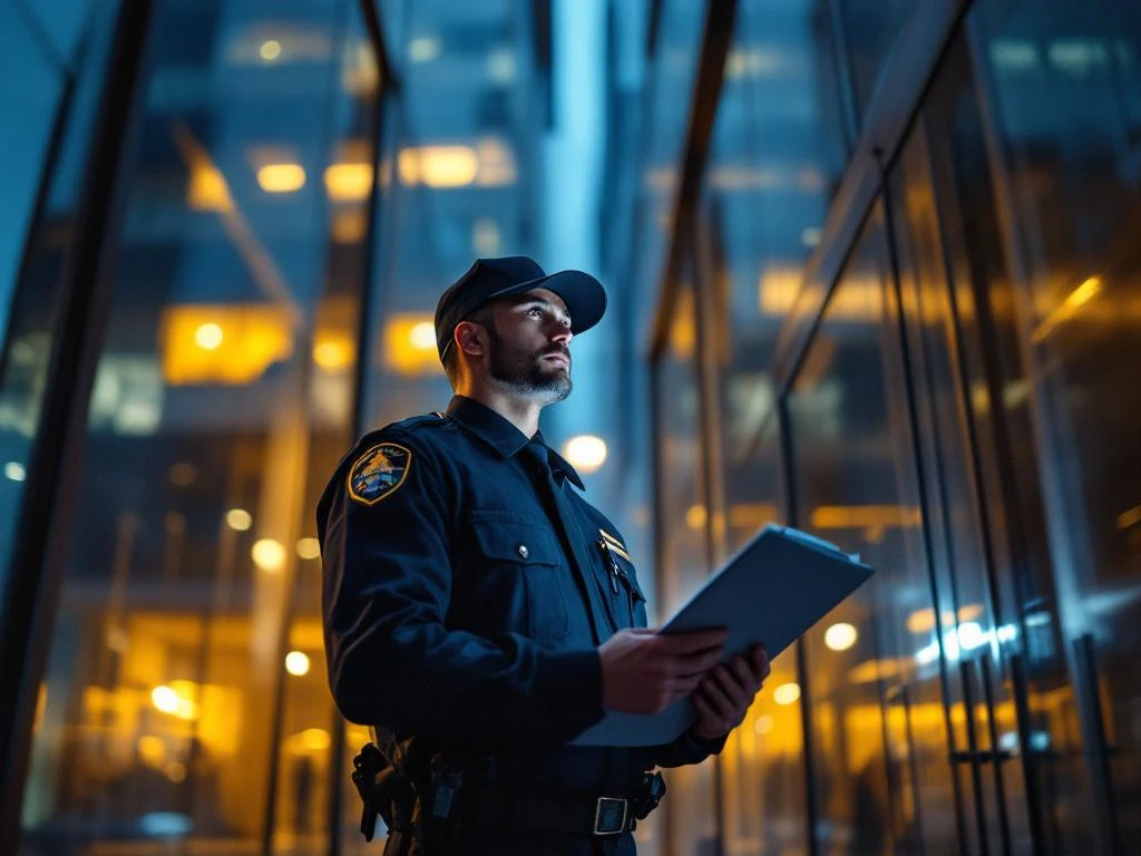 Professionele beveiligingsbeambte in uniform inspecteert kantoorgebouw ingang bij schemering met zaklamp en klembord