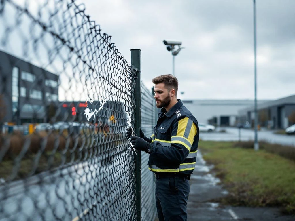 Beveiligingsmedewerker inspecteert beschadigd hek bij bedrijventerrein onder bewolkte hemel