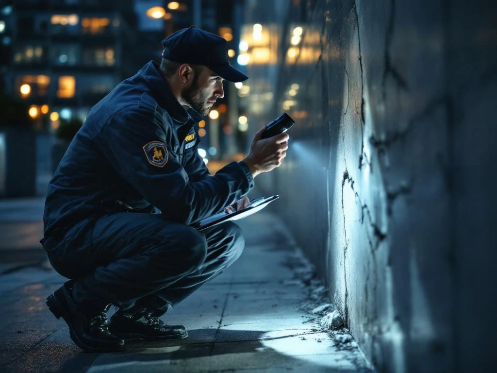 Beveiligingsbeambte in uniform onderzoekt schade aan gebouwmuur met zaklamp en klembord tijdens avonddienst