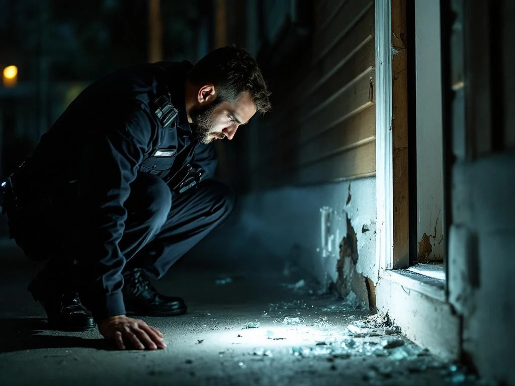 Beveiligingsbeambte onderzoekt inbraakschade aan deurpost met zaklamp tijdens nachtelijke patrouille