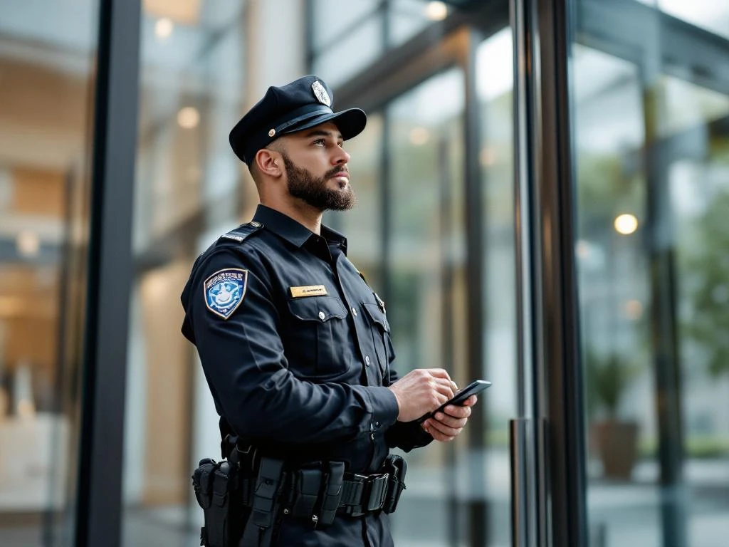 Professionele mobiele beveiliger in donker uniform inspecteert moderne kantoorgebouw ingang met glazen deuren