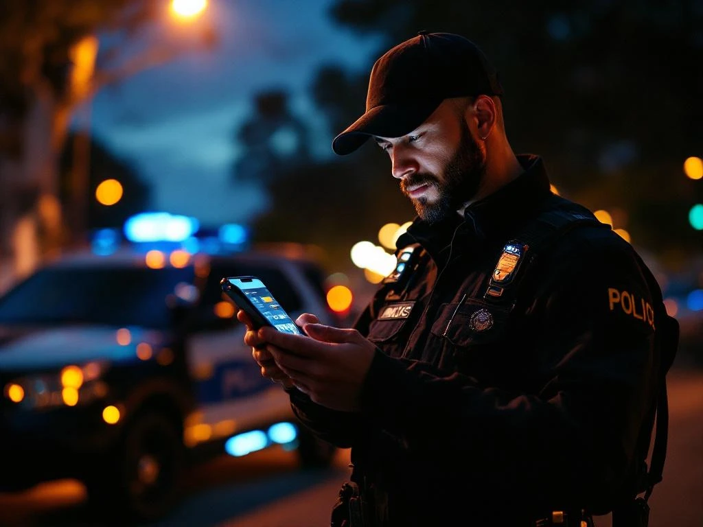 Mobiele beveiligingsmedewerker controleert smartphone met beveiligingsapp naast patrouillevoertuig in de avond