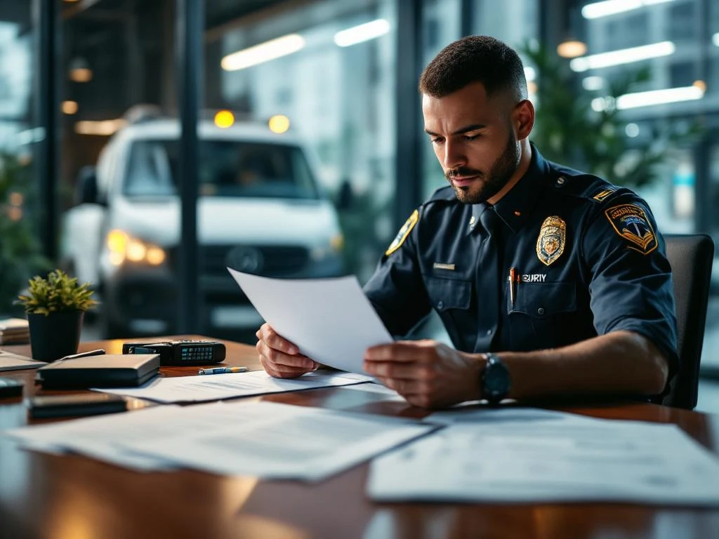 Beveiligingsbeambte in uniform bestudeert officiële documenten aan bureau met compliance certificaten en radio