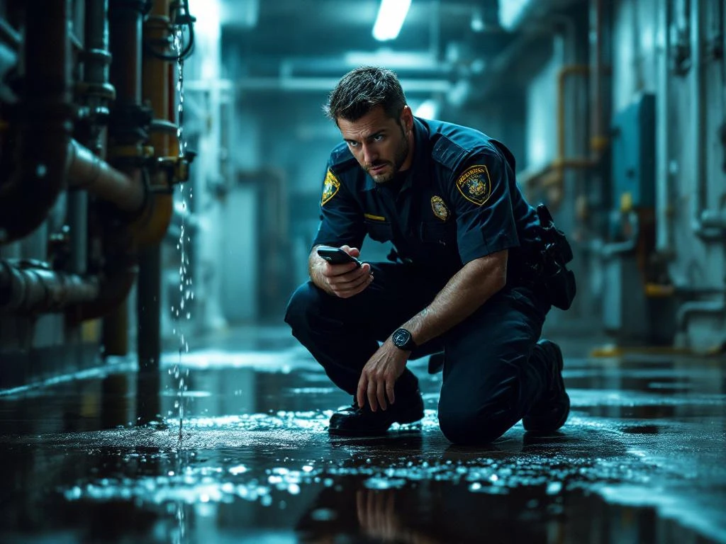 Professionele beveiliger in uniform knielt bij waterlek op industriële vloer, radio in hand om incident te melden