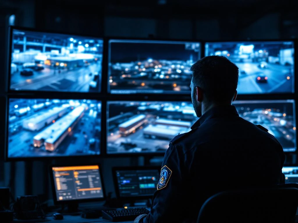 Beveiligingsbeambte monitort CCTV-schermen van bedrijventerrein 's nachts in moderne bewakingsruimte