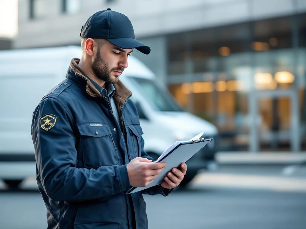 Beveiligingsbeambte in uniform bekijkt kostenanalyse op klembord naast witte bewakingsbus bij kantoorgebouw