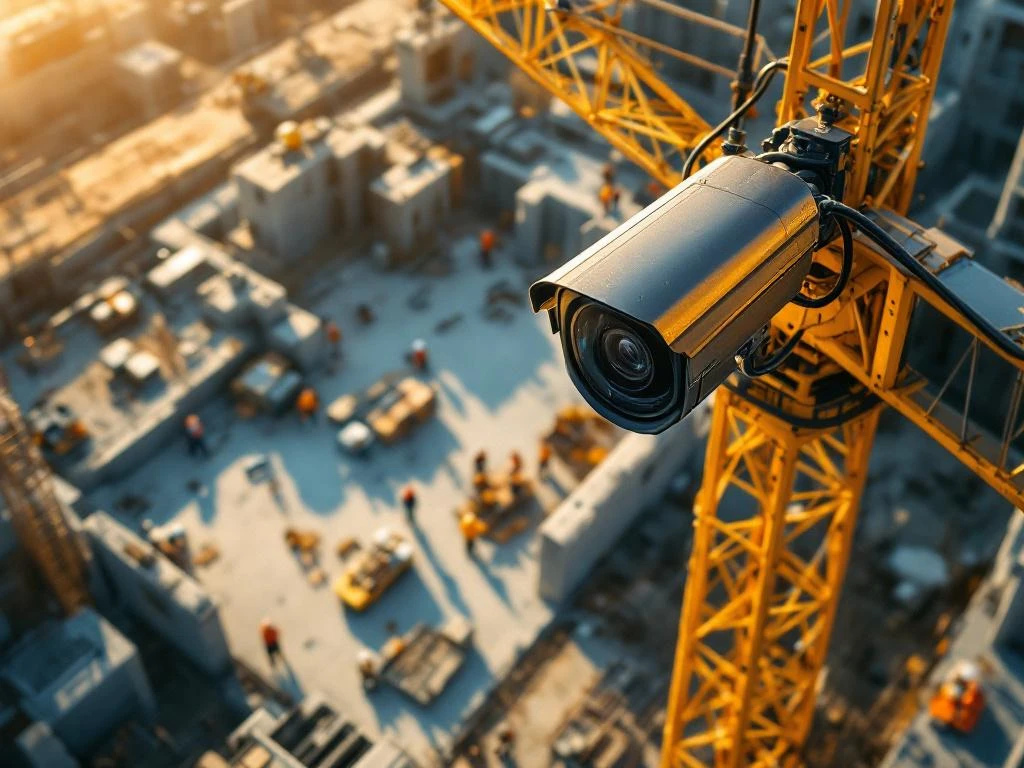 Moderne beveiligingscamera op gele bouwkraan bewaakt actieve bouwplaats met arbeiders en betonnen funderingen
