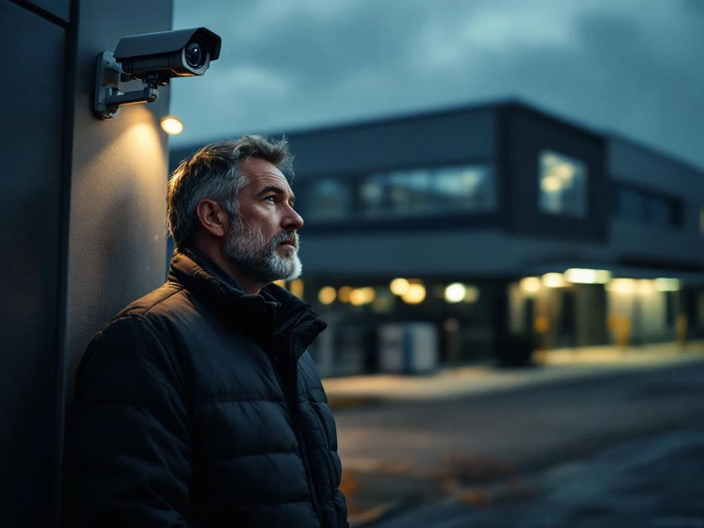 Bezorgde ondernemer inspecteert kapotte beveiligingscamera bij modern bedrijfspand met zichtbare veiligheidsproblemen