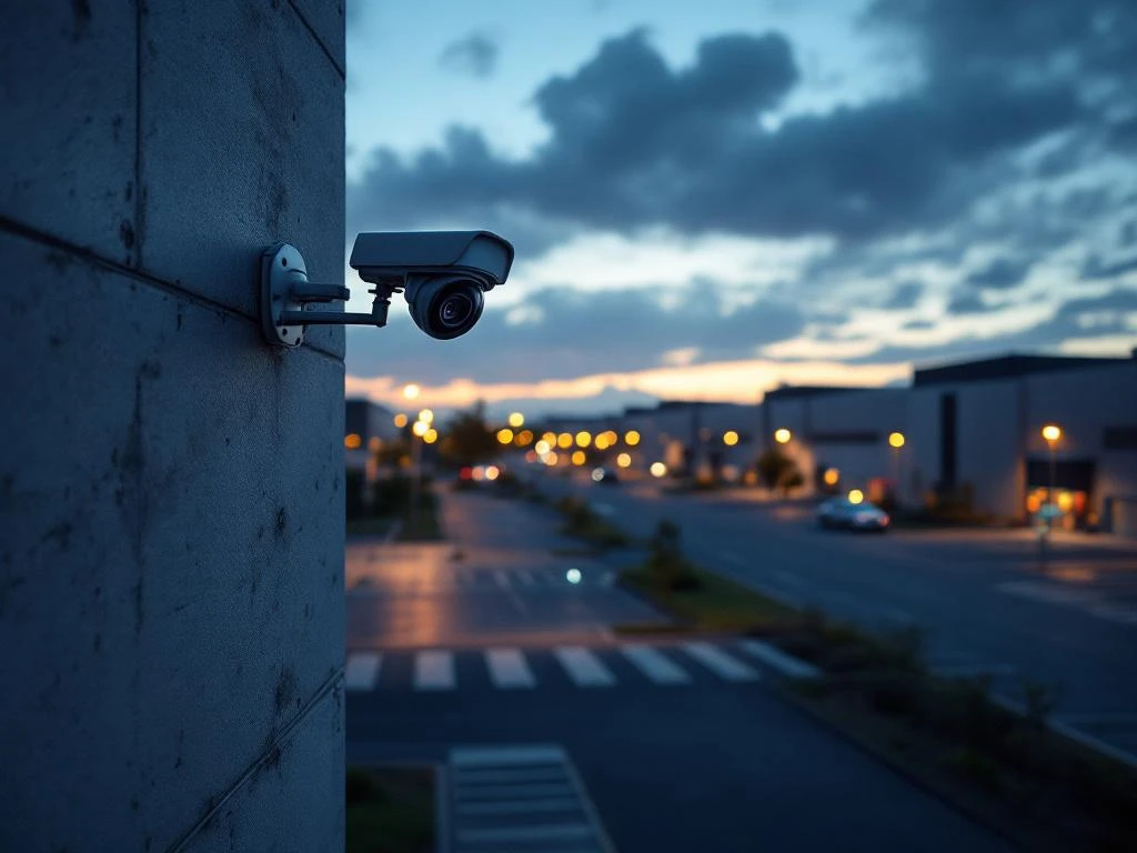 Beveiligingscamera op betonnen muur bewaakt leeg bedrijventerrein bij schemering met lange schaduwen tussen loodsen
