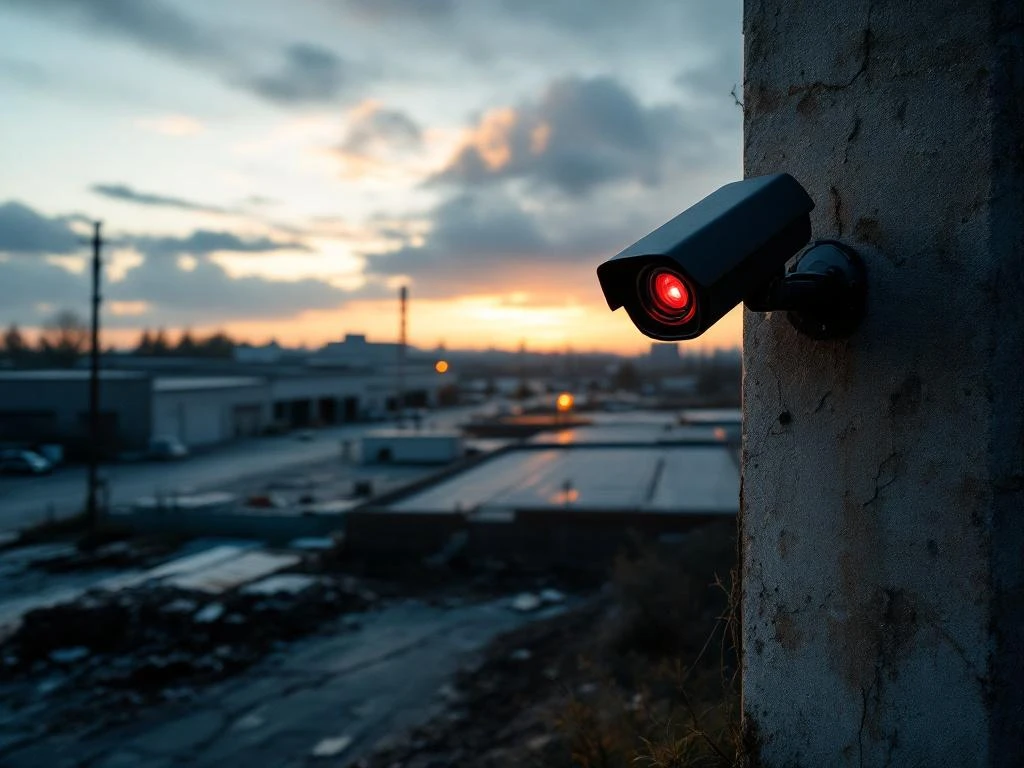 Beveilgingscamera op betonnen paal overlookt industrieterrein bij schemering met lege parkeerplaatsen en magazijnen