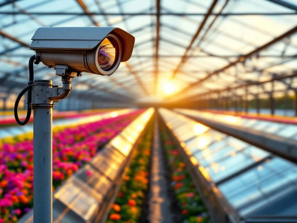 Beveiligingscamera op metalen paal bewaakt moderne kassen vol bloemen tijdens gouden uurtje