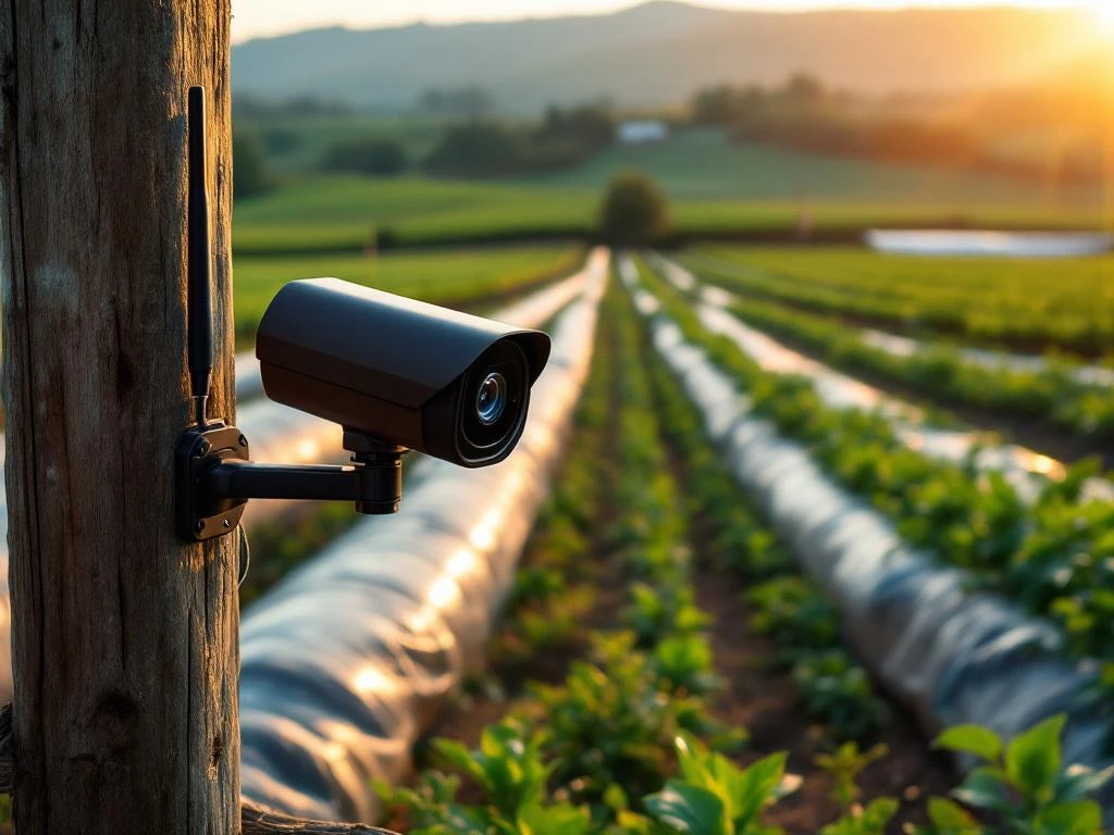 Moderne draadloze beveiligingscamera op houten hekpaal bewaakt kassen met groene gewassen bij zonsondergang