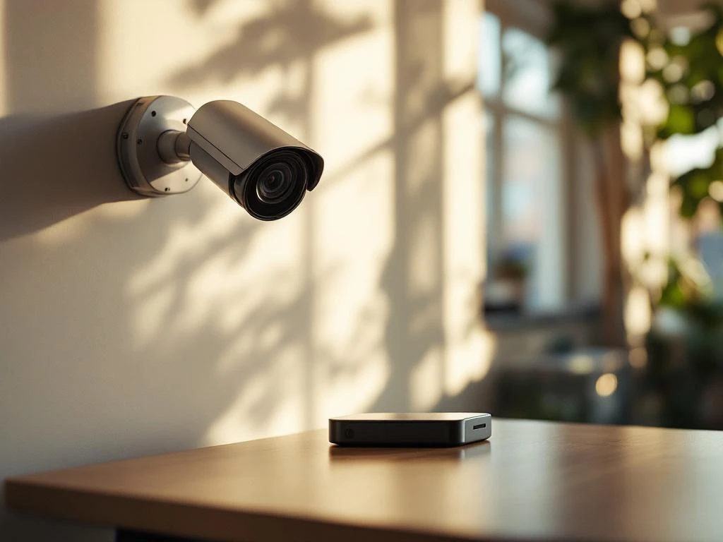 Beveiligingscamera aan muur boven draagbaar surveillanceapparaat op houten tafel in moderne woonkamer