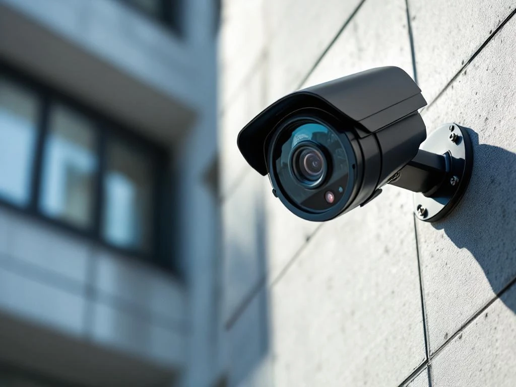 Professionele beveiligingscamera gemonteerd op moderne gebouwmuur met certificatiebadge en architecturale achtergrond