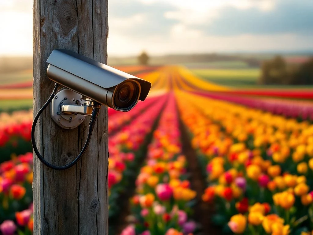 Beveiligingscamera op houten paal tussen bloeiende tulpenvelden in Nederlands landschap tijdens gouden uur