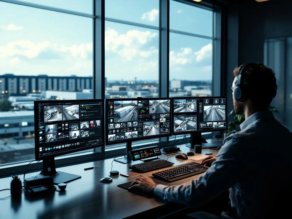 Beveiligingsoperator monitort surveillanceschermen in moderne controlekamer met uitzicht op bedrijventerrein