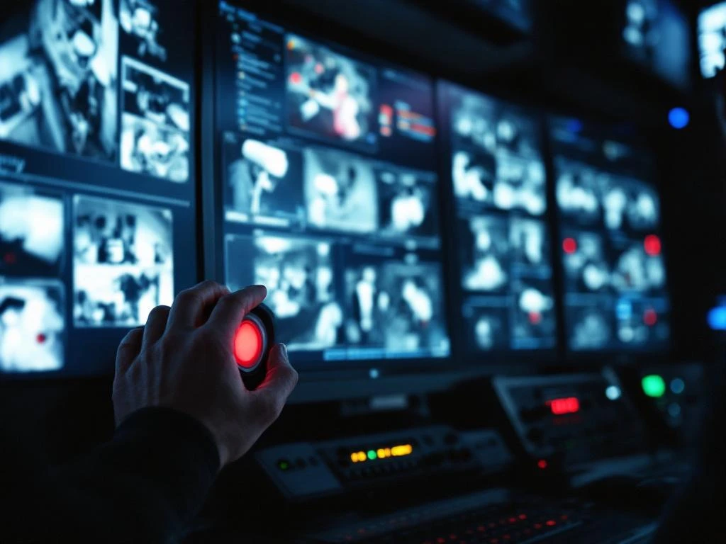 Beveiligingsoperator reikt naar rode noodknop op bewakingsstation met meerdere camerabeelden op monitoren