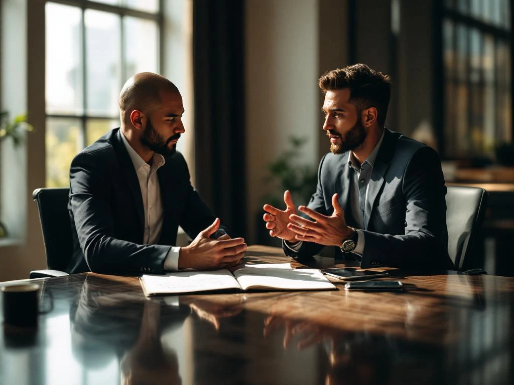Beveiligingsconsultant bespreekt vragen met ondernemer aan vergadertafel, notitieboek met handgeschreven notities zichtbaar