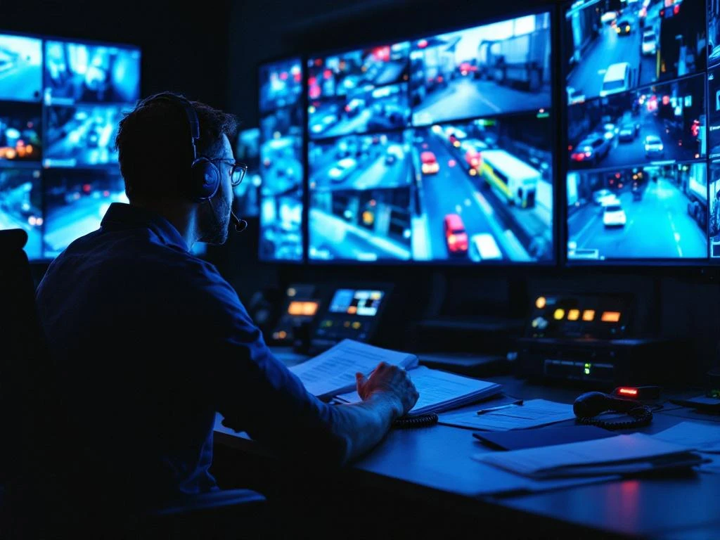 Beveiligingsoperator monitort surveillancecamera's en activeert noodalarm in controlecentrum met meerdere schermen