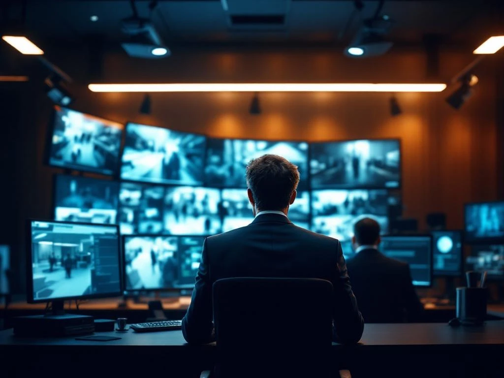 Ondernemer in pak bekijkt beveiligingsbeelden op meerdere monitoren in moderne bewakingsruimte met professionele apparatuur