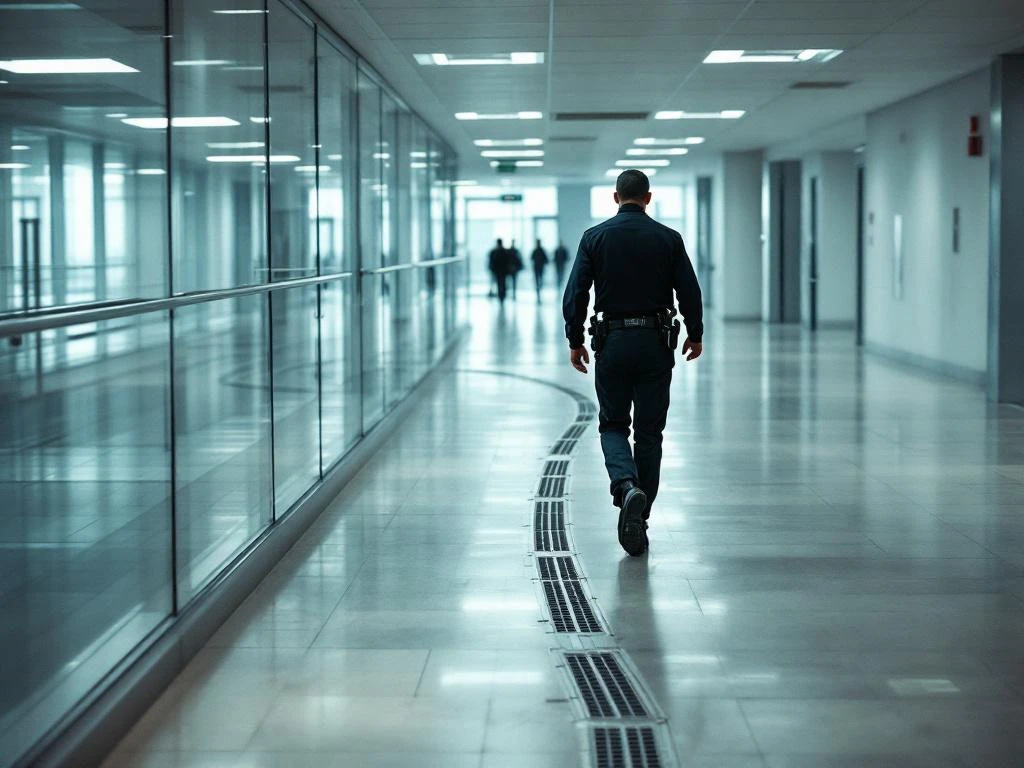 Beveiligingsmedewerker loopt zigzagpatroon door moderne kantoorhal met glazen wanden en gepolijste betonvloer