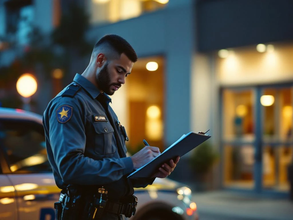 Beveiligingsbeambte in uniform maakt aantekeningen op klembord naast patrouillevoertuig bij kantoorgebouw in schemering