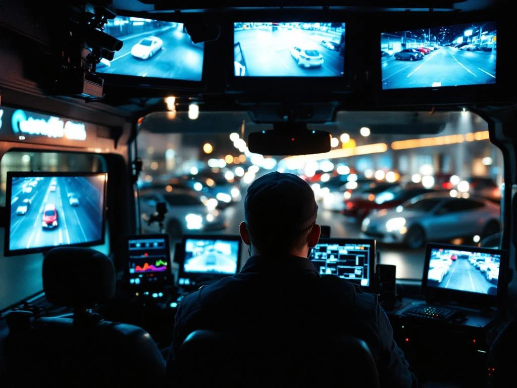 Beveiligingsbeambte monitort auto's op bewakingsschermen vanuit mobiele beveiligingsbus bij autodealer 's nachts