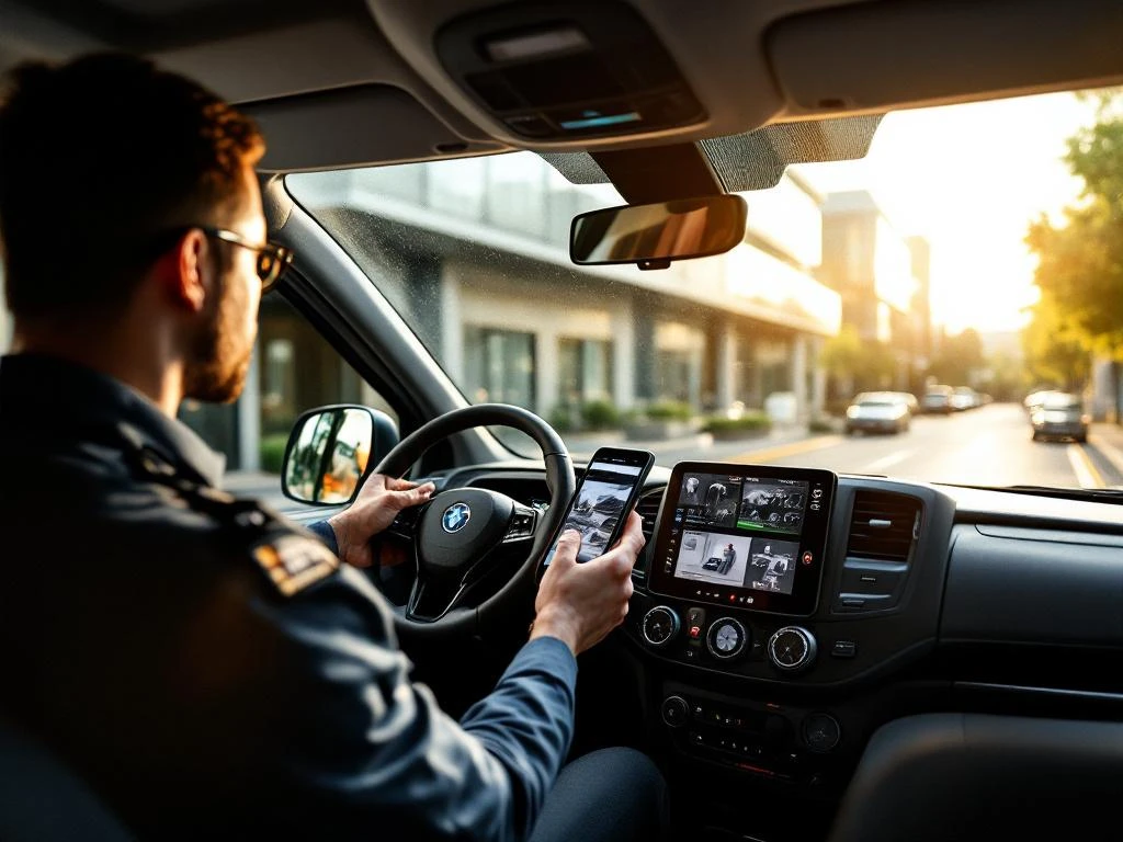 Beveiligingsmedewerker bewaakt live camerabeelden op smartphones in moderne beveiligingsbus bij kantoorgebouw