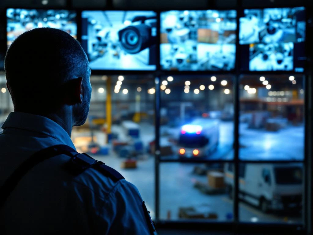 Beveiligingsbeambte bekijkt bewakingscamera's op groot scherm in controleruimte, mobiele bewakingswagen op achtergrond