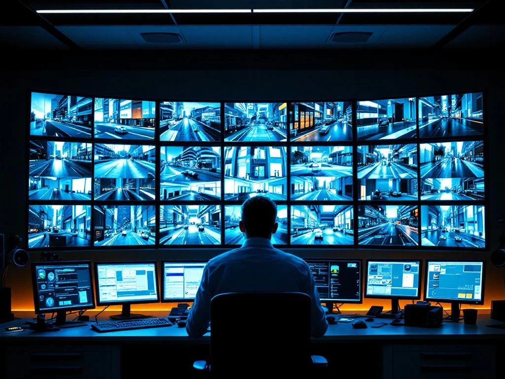 Beveiligingsmedewerker monitort meerdere bewakingsschermen in moderne controlekamer met high-tech apparatuur