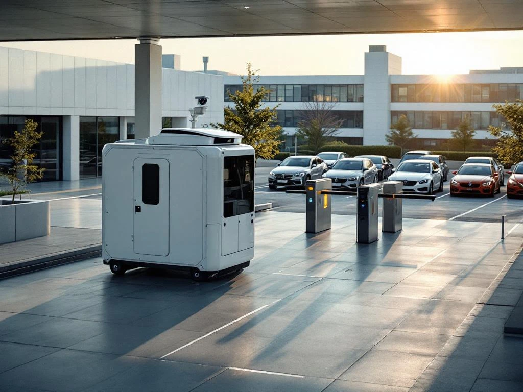 Witte mobiele bewakingseenheid met draaiende camera bij toegangspoort bedrijventerrein, bewaakte parkeerplaatsen zichtbaar