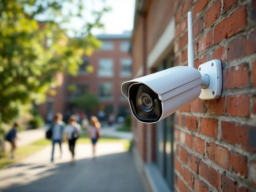 Witte beveiligingscamera gemonteerd op bakstenen schoolmuur, overziet schoolplein met wandelende studenten