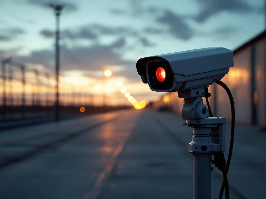 Beveiligingscamera op telescoopstang bewaakt leeg industrieterrein bij schemering met rode LED-indicator