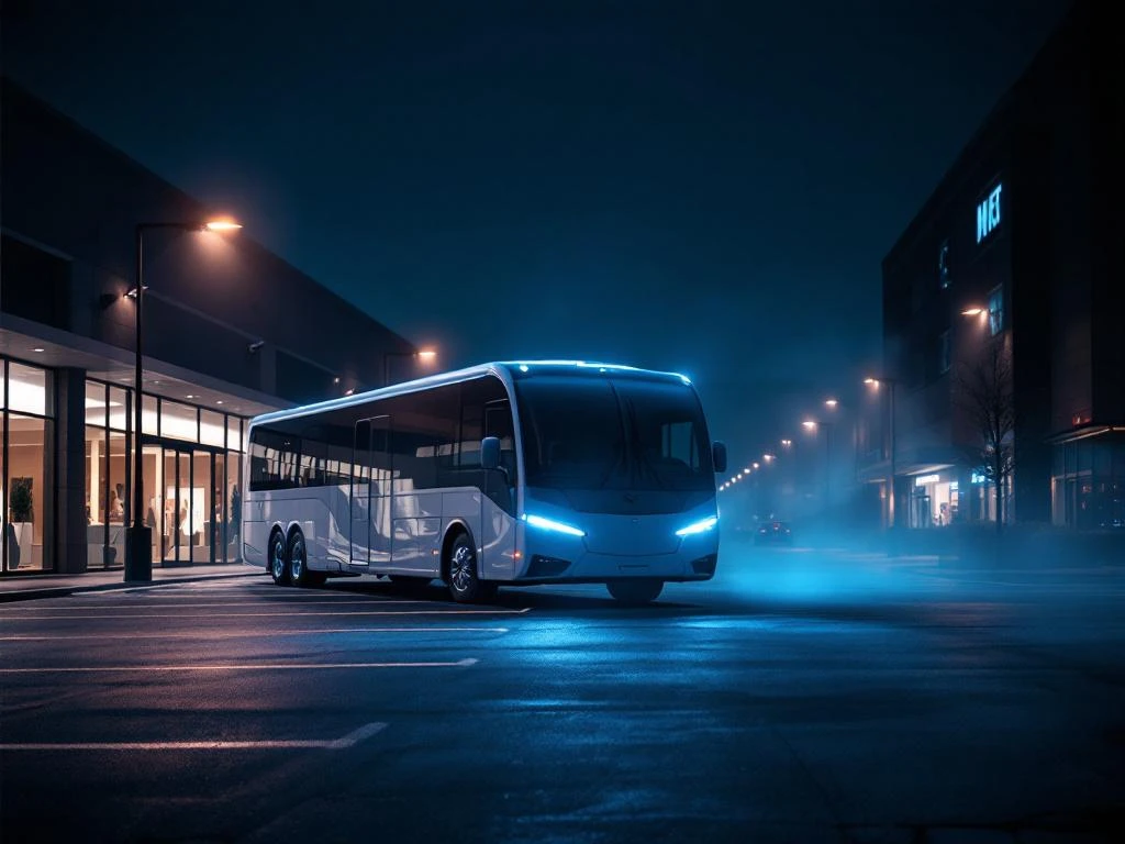Witte mobiele beveiligingswagen bij verlaten winkelcentrum 's nachts met lege parkeerplaatsen en bewakingscamera's