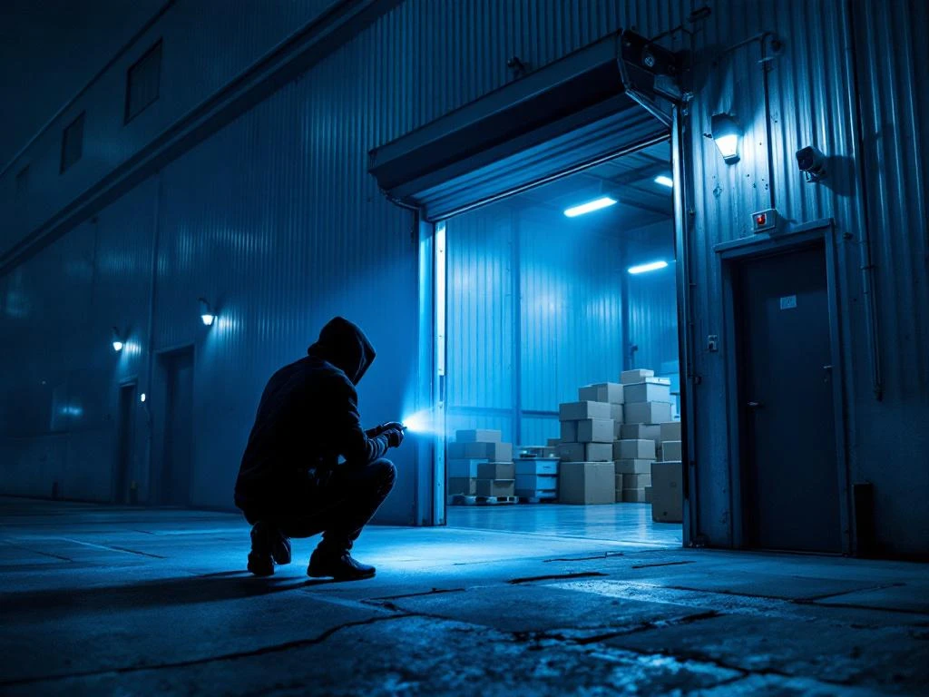 Inbreker met zaklamp bij geopende magazijndeur van industrieel gebouw 's nachts, beveiligingscamera zichtbaar