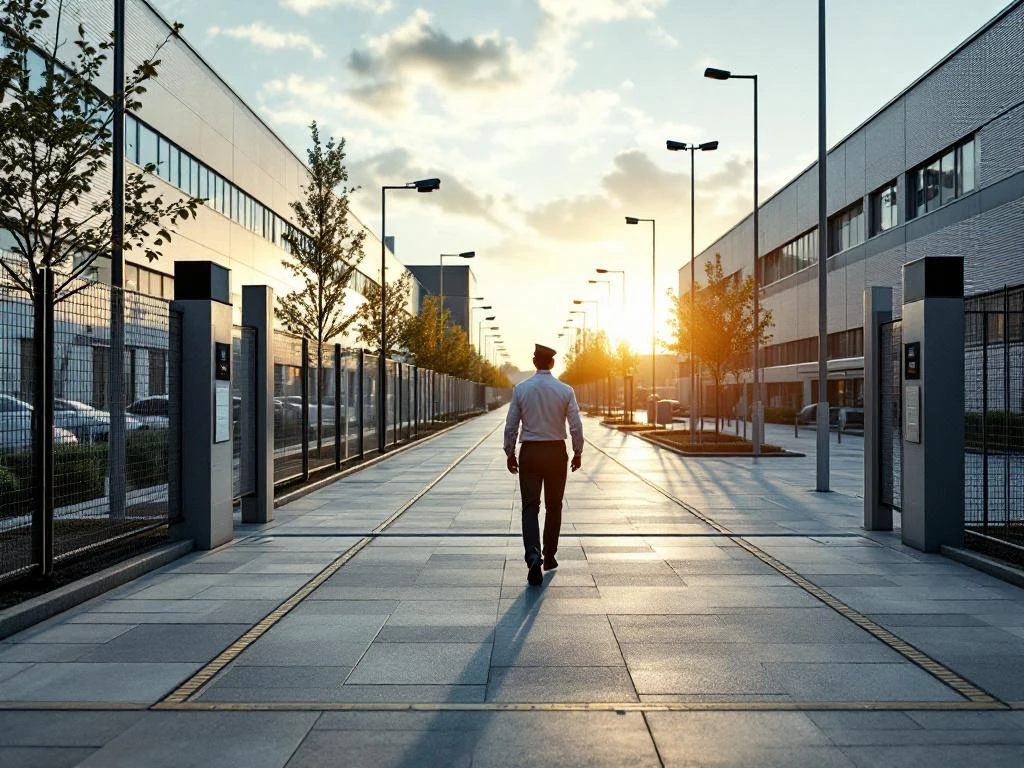 Moderne industriële bedrijvenpark ingang met beveiligingshekken, bewaker en kantoorgebouwen bij zonsondergang