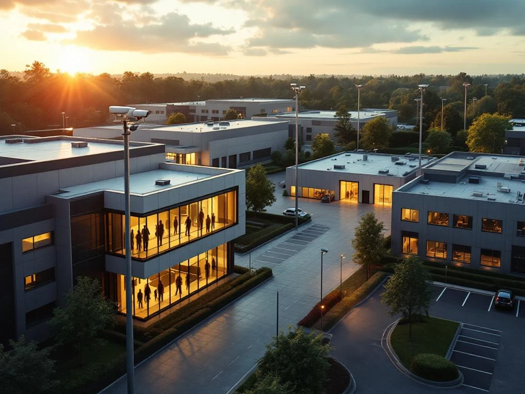 Moderne industriële bedrijvenpark in Lisse met kantoorgebouwen, beveiligingscamera's en verlichte controlekamer bij zonsondergang