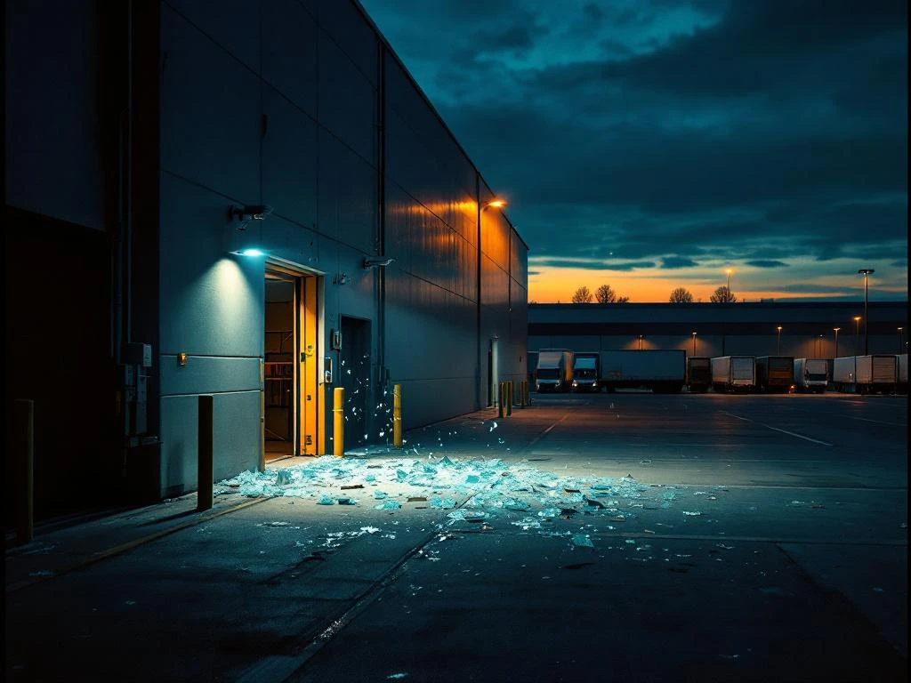 Industrieel gebouw bij schemering met bewakingscamera's, gebroken glas bij laaddok en beveiliger met zaklamp