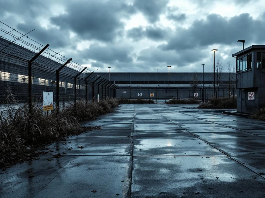 Industrieel bedrijvenpark in Sassenheim met beveiligingsproblemen: kapot hek, slecht verlichte parkeerplaats en lege bewaking
