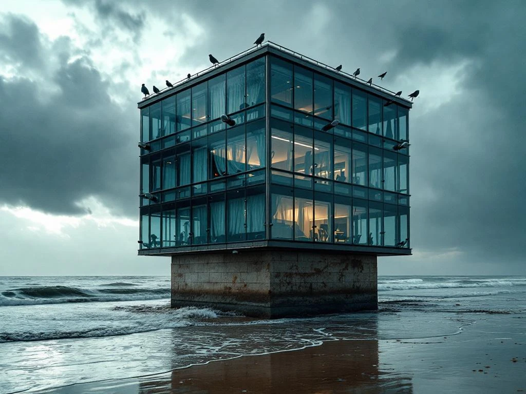 Modern glazen kantoorgebouw op zandstrand met golven tegen fundering, beschadigde ramen en storm wolken boven zee
