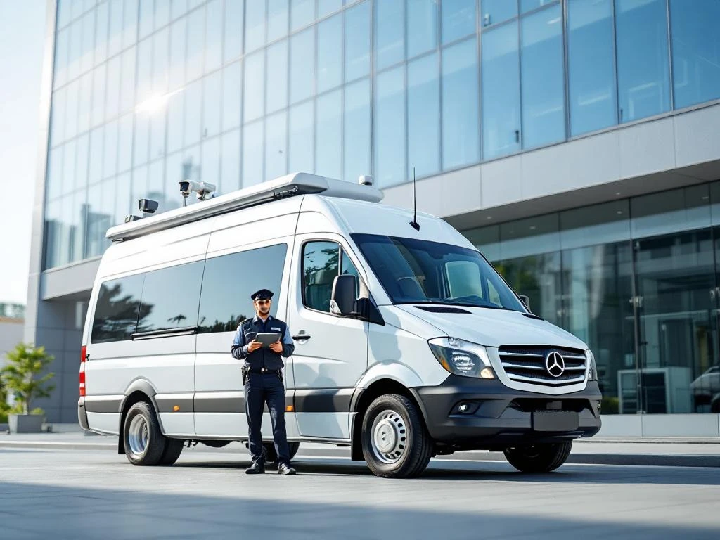 Witte beveiligingsbus met camera's geparkeerd voor kantoorgebouw, bewaker met tablet ernaast