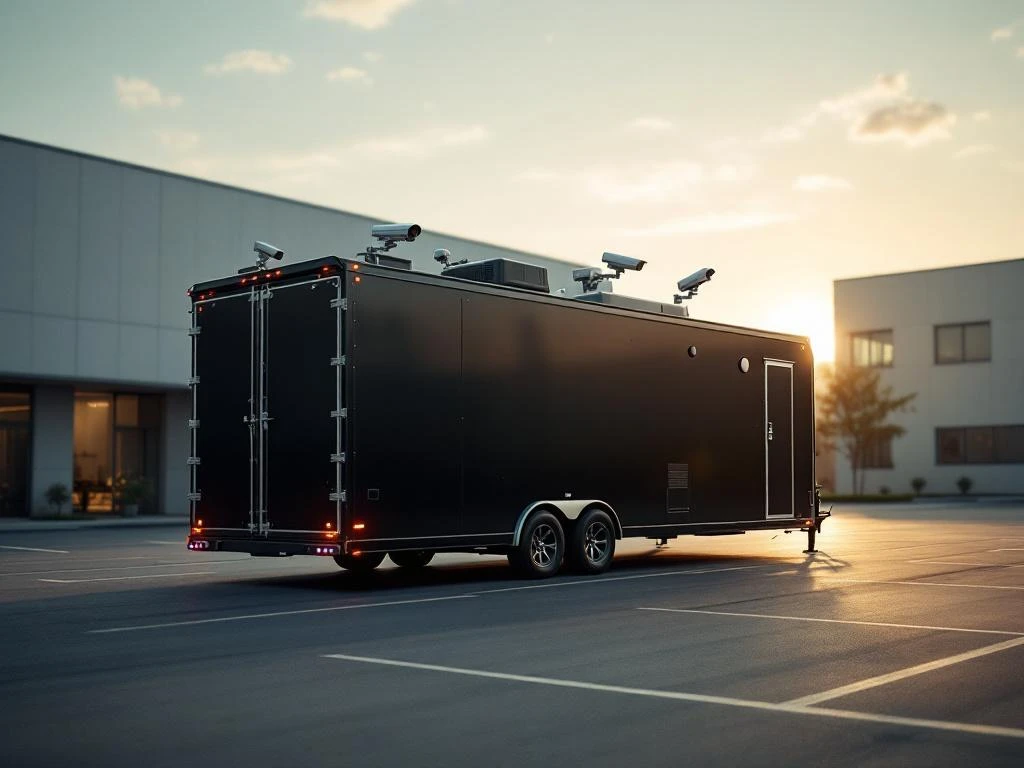 Zwarte mobiele bewakingstrailer met beveiligingscamera's op moderne bedrijfsparkeerplaats tijdens gouden uur