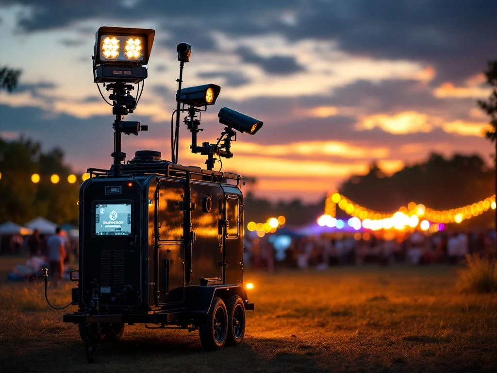 Mobiele bewakingstrailer met camera's en verlichting bij avondevenement, professionele beveiliging op locatie