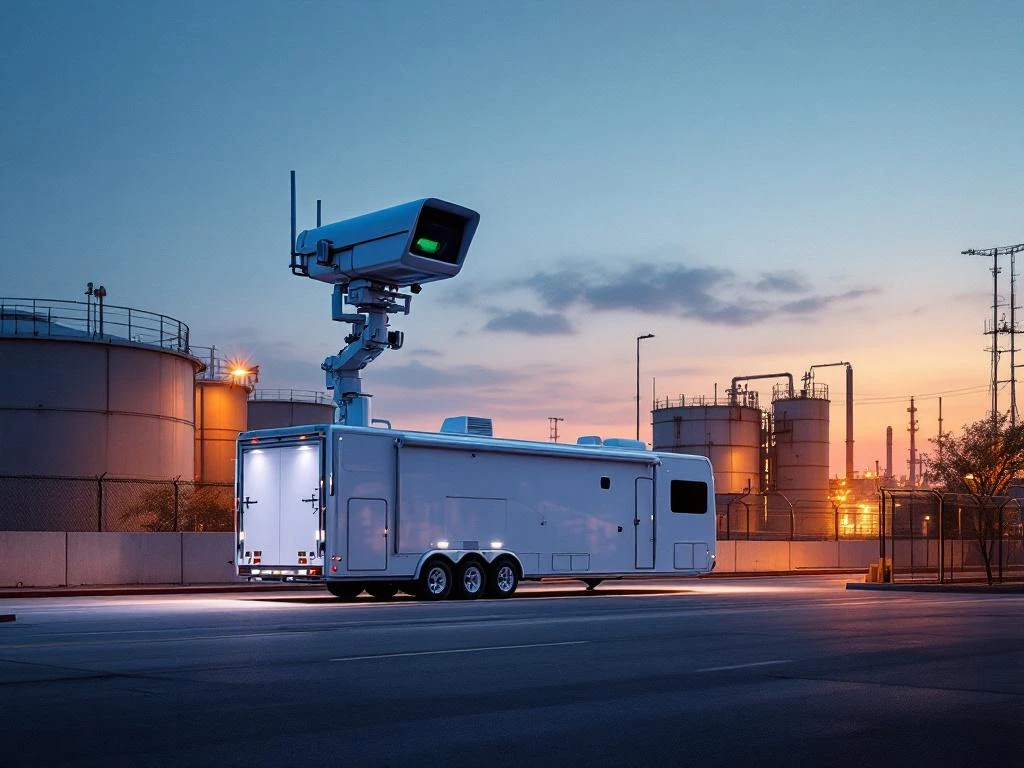 Witte mobiele bewakingstrailer met camera's bij industriële ingang tijdens schemering, verlicht door beveiligingslampen