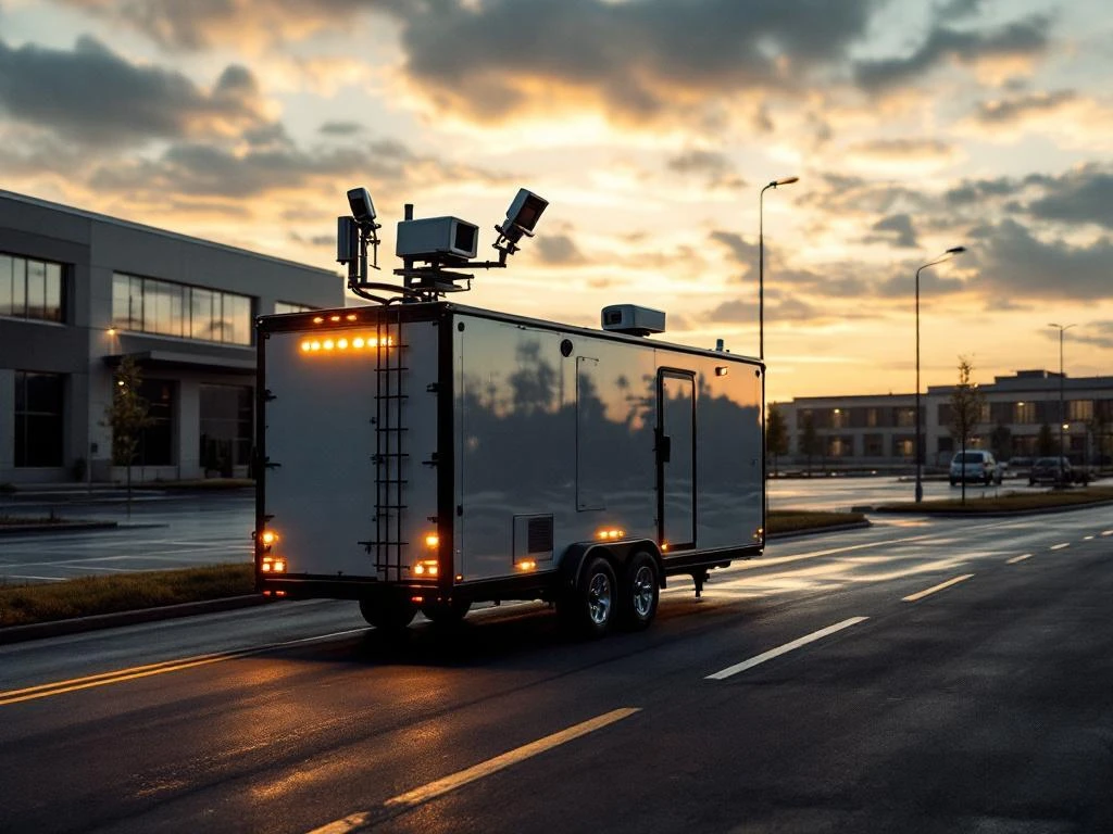 Mobiele bewakingstrailer met antenne en camera's bij industrieterrein tijdens gouden uurtje, kantoorgebouwen op achtergrond