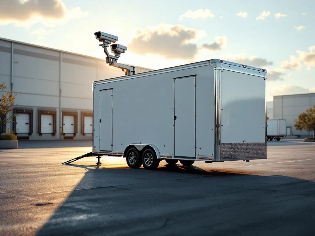 Witte mobiele bewakingstrailer met beveiligingscamera's op industrieterrein tijdens gouden ochtendlicht