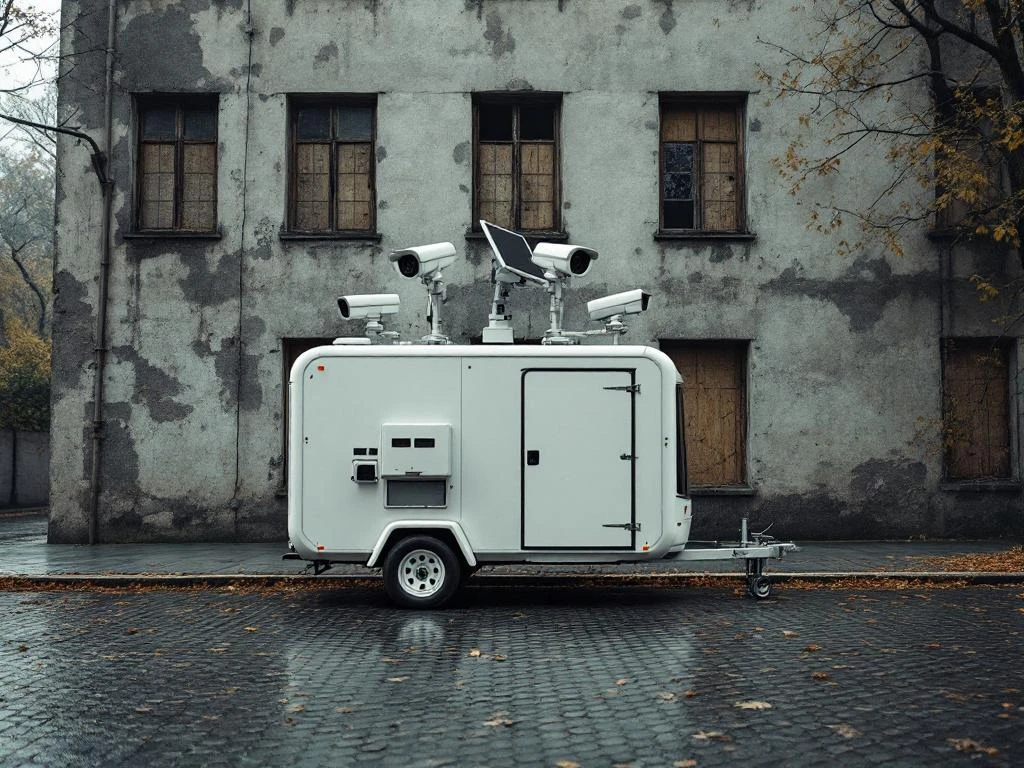 Mobiele bewakingseenheid met camera's en zonnepanelen voor verlaten gebouw op kasseienstraat met herfstbladeren