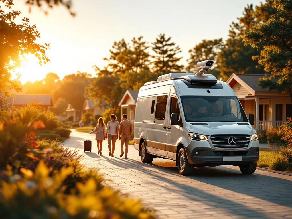 Mobiele bewakingswagen met beveiligingscamera bij ingang vakantiepark, families lopen veilig langs kleurrijke huisjes