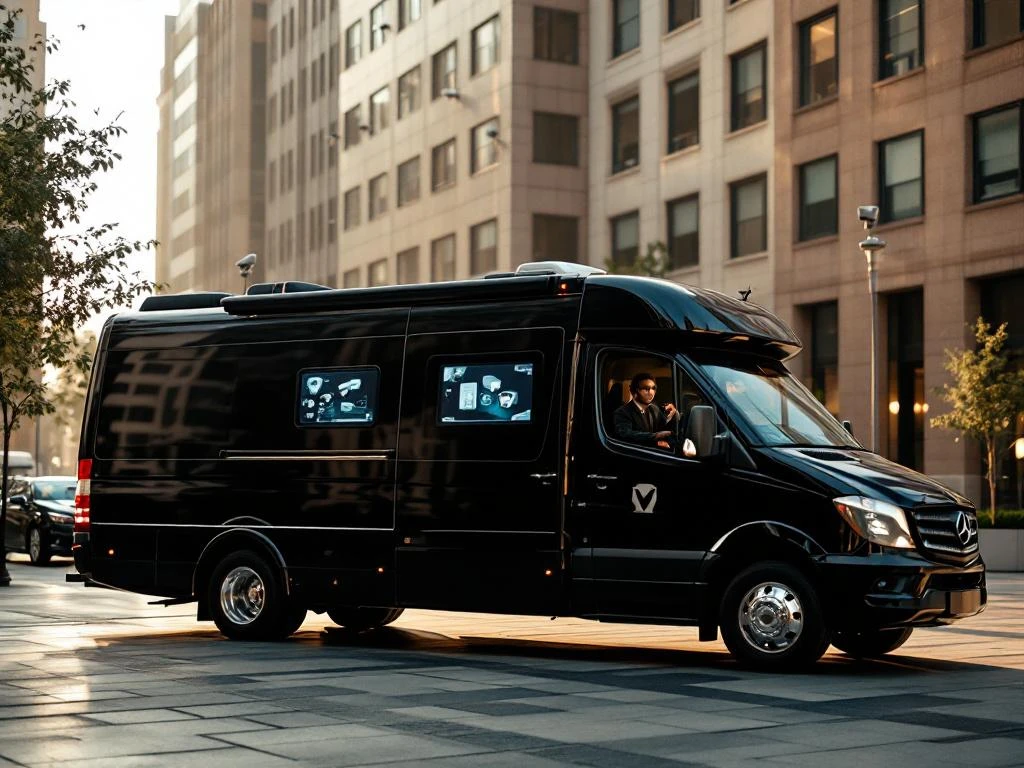 Zwarte mobiele bewakingswagen op stedelijk plein met beveiligingsoperator die live beelden bekijkt tijdens gouden uur