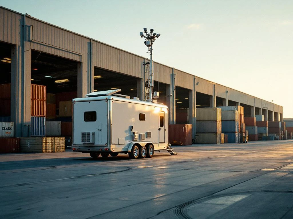 Mobiele bewakingstrailer met cameramast en zonnepanelen bij industriële opslagwerf met containers